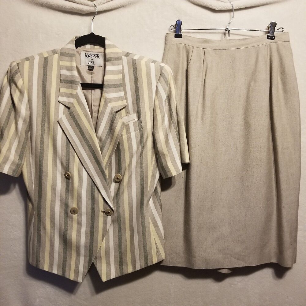 Kasper for A.S.L. 8 Suit Set Jacket Skirt Linen Blend Beige Striped Vintage 90s